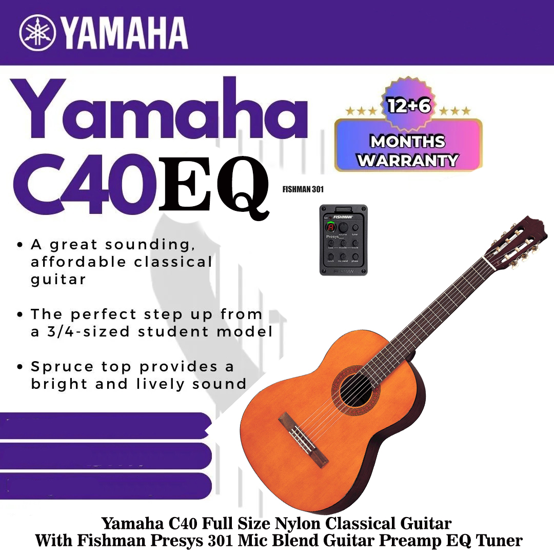 Yamaha C40 Full Size Nylon Classical Guitar With Fishman Presys 301 Mic Blend Guitar Preamp EQ Tuner